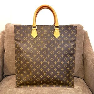 Authentic Louis Vuitton Monogram Sac Plat Tote bag M51140 LV brown canvas